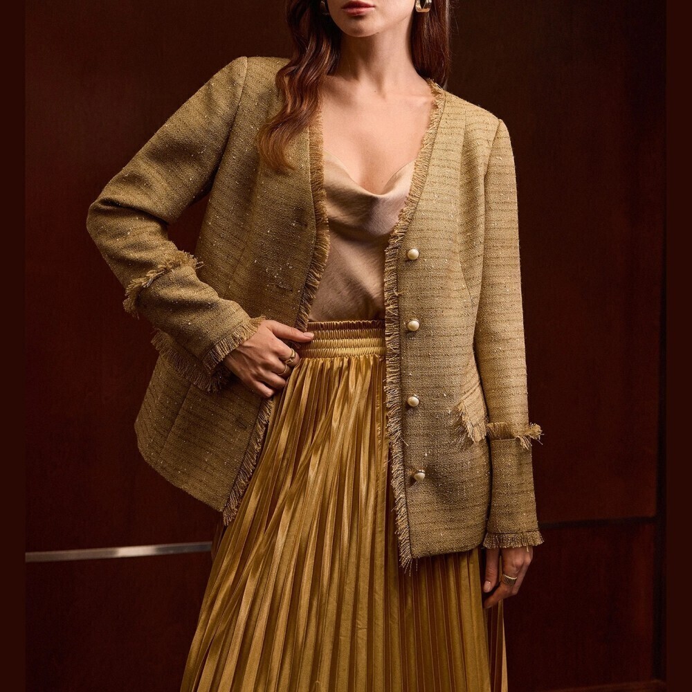 Tan Tweed Fringe Trim Pearl Button Collarless Boxy Blazer